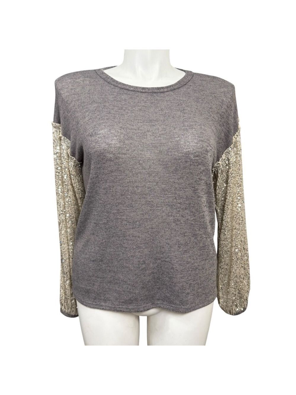 BiBi Gray Knit Top with Sequin Balloon Sleeves Women’s XL